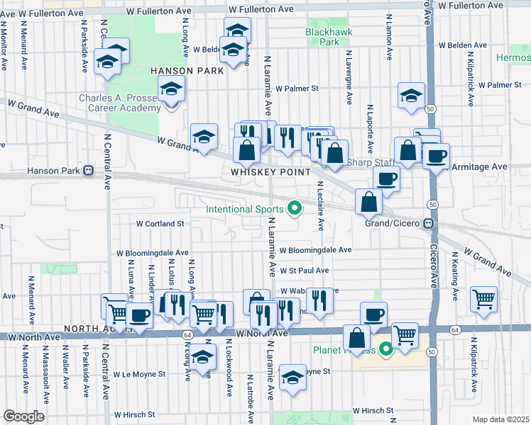 map of restaurants, bars, coffee shops, grocery stores, and more near 1856 North Laramie Avenue in Chicago