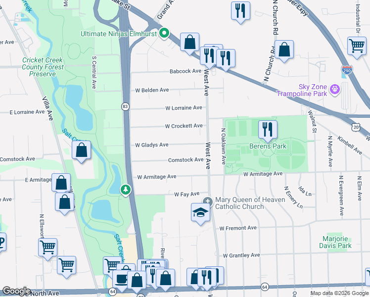 map of restaurants, bars, coffee shops, grocery stores, and more near 569 Comstock Avenue in Elmhurst