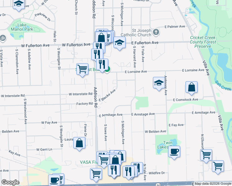 map of restaurants, bars, coffee shops, grocery stores, and more near 109 East Blecke Avenue in Addison