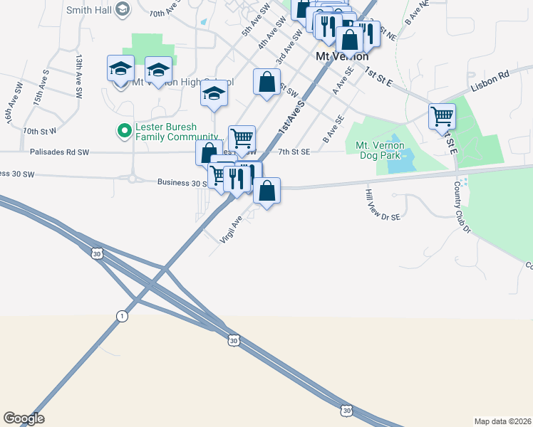 map of restaurants, bars, coffee shops, grocery stores, and more near 200 A Ave SE in Mt Vernon
