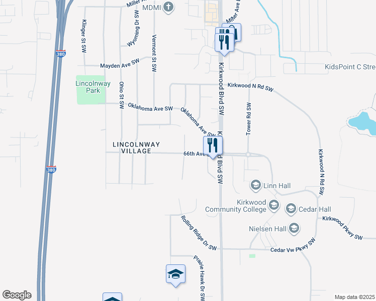 map of restaurants, bars, coffee shops, grocery stores, and more near 202 66th Avenue Southwest in Cedar Rapids