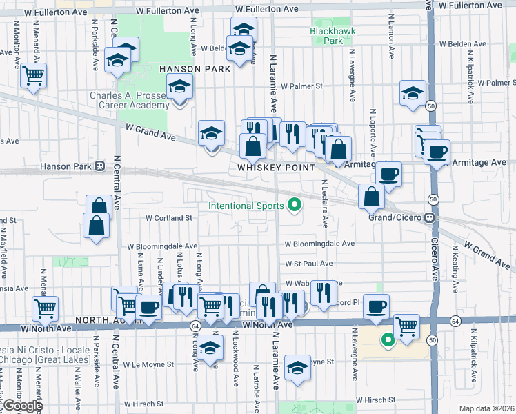 map of restaurants, bars, coffee shops, grocery stores, and more near 5226 West Galewood Avenue in Chicago