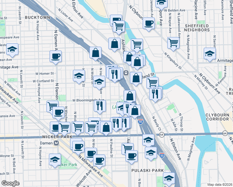 map of restaurants, bars, coffee shops, grocery stores, and more near 1638 West Bloomingdale Avenue in Chicago