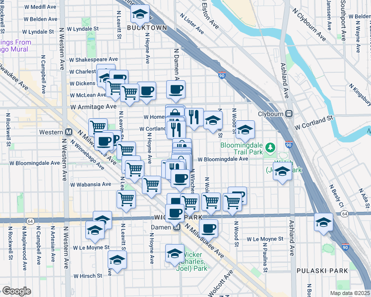 map of restaurants, bars, coffee shops, grocery stores, and more near 2007 West Churchill Street in Chicago