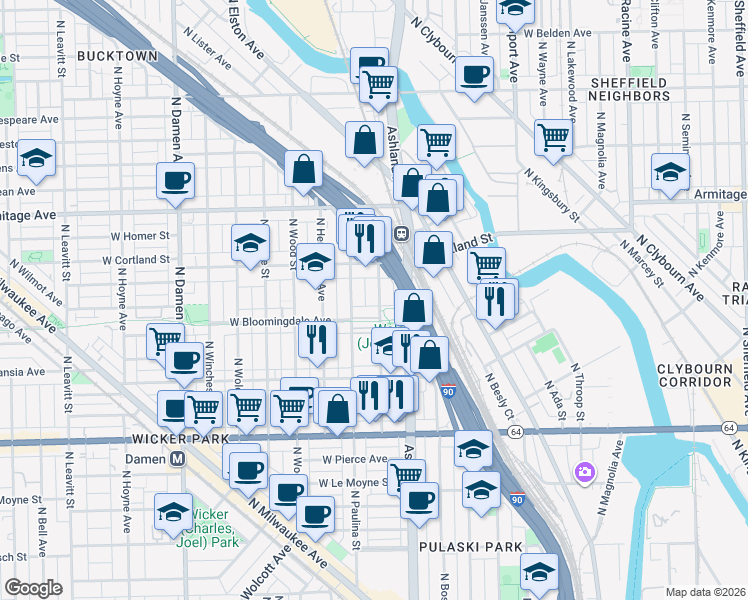 map of restaurants, bars, coffee shops, grocery stores, and more near 1638 West Bloomingdale Avenue in Chicago