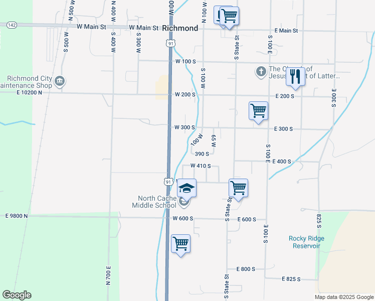 map of restaurants, bars, coffee shops, grocery stores, and more near 380 South 100 West in Richmond