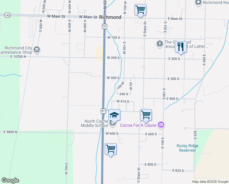 map of restaurants, bars, coffee shops, grocery stores, and more near 380 South 100 East in Richmond