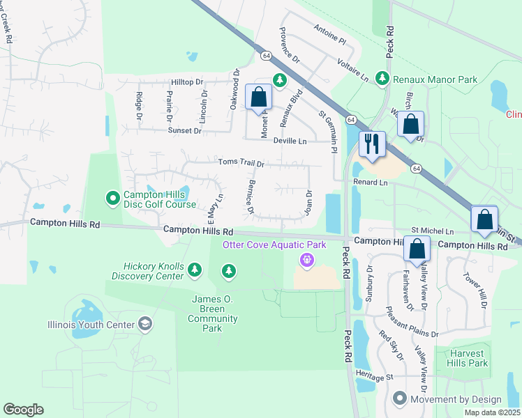 map of restaurants, bars, coffee shops, grocery stores, and more near 3N189 Bernice Drive in Saint Charles