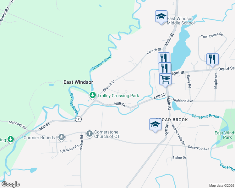 map of restaurants, bars, coffee shops, grocery stores, and more near 12 Julia Court in East Windsor