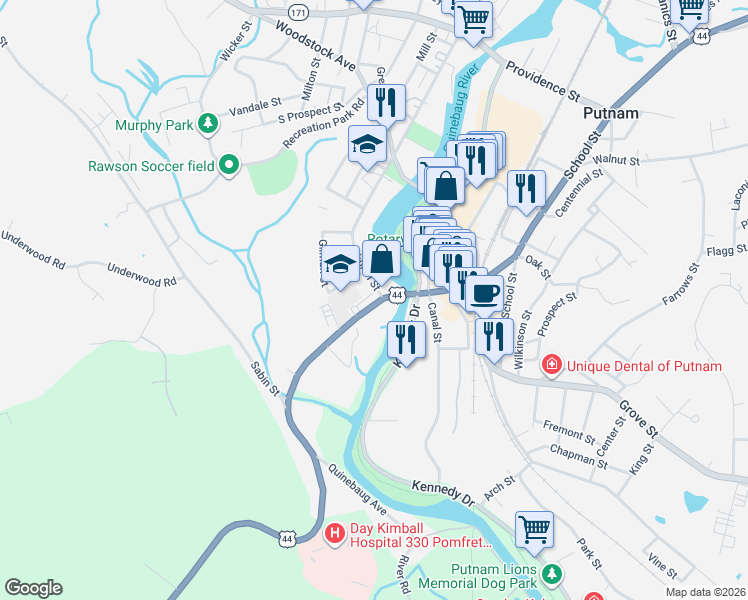 map of restaurants, bars, coffee shops, grocery stores, and more near 65 Pomfret Street in Putnam