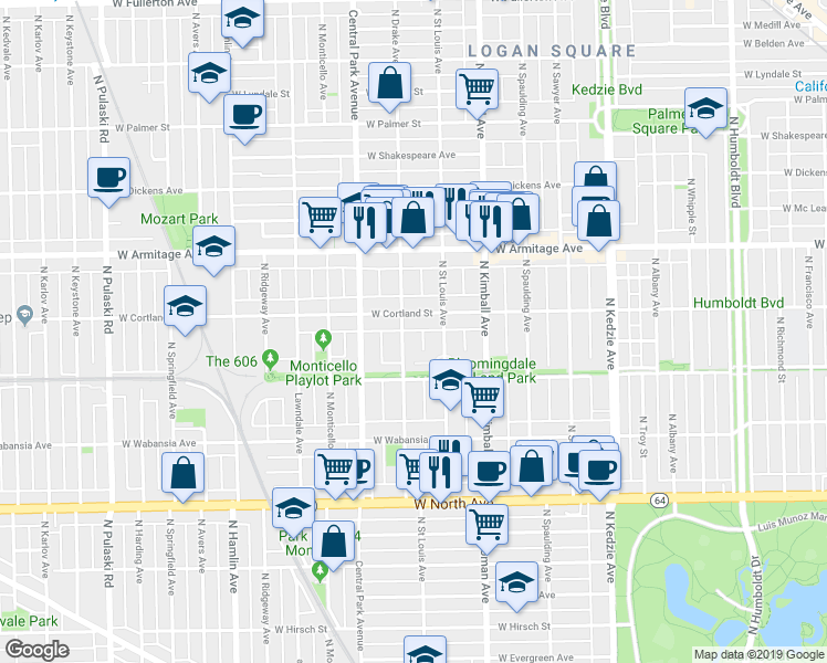map of restaurants, bars, coffee shops, grocery stores, and more near 1841 North Drake Avenue in Chicago