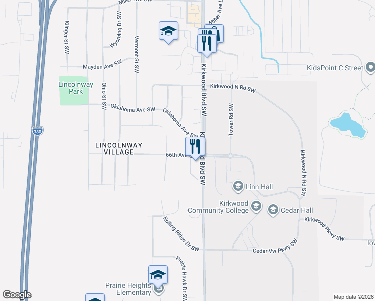 map of restaurants, bars, coffee shops, grocery stores, and more near 6635 Kirkwood Boulevard Southwest in Cedar Rapids