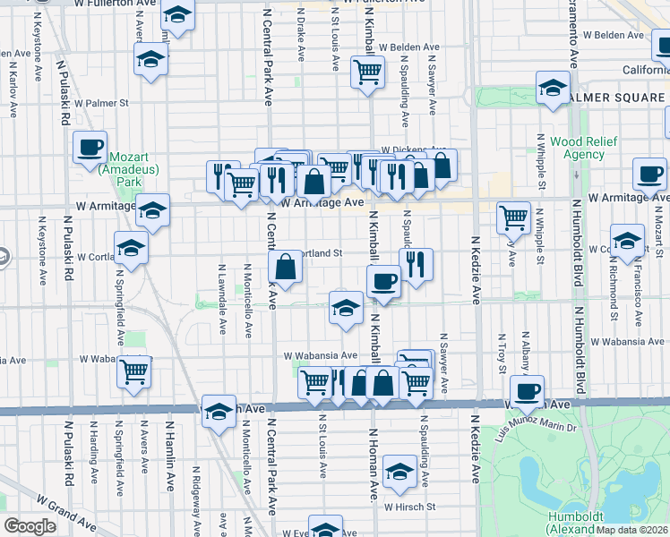 map of restaurants, bars, coffee shops, grocery stores, and more near 1822 North Saint Louis Avenue in Chicago
