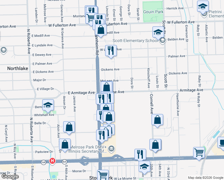 map of restaurants, bars, coffee shops, grocery stores, and more near 10308 Armitage Avenue in Melrose Park