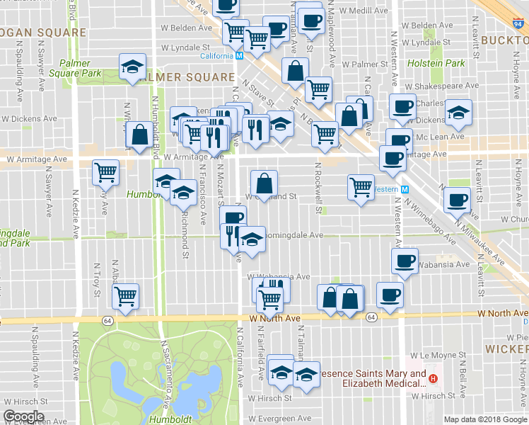 map of restaurants, bars, coffee shops, grocery stores, and more near 1820 North Fairfield Avenue in Chicago