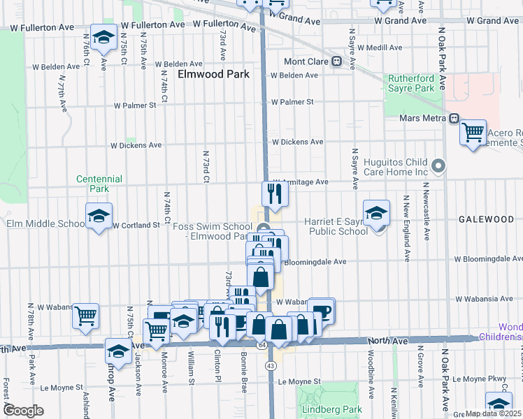 map of restaurants, bars, coffee shops, grocery stores, and more near 1916 North Harlem Avenue in Elmwood Park