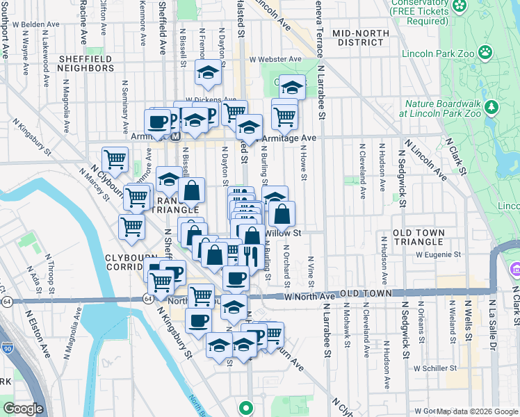 map of restaurants, bars, coffee shops, grocery stores, and more near 1823 North Halsted Street in Chicago