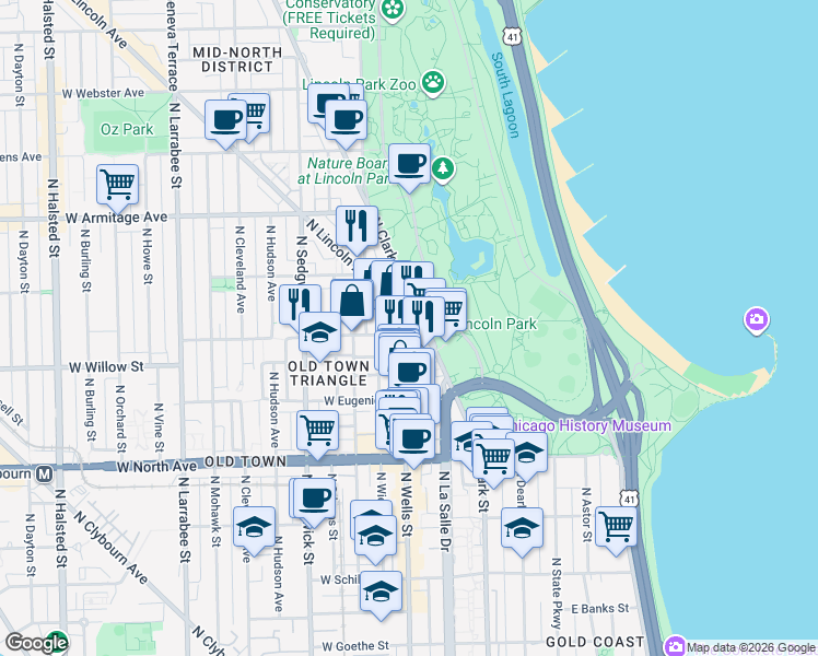 map of restaurants, bars, coffee shops, grocery stores, and more near 1749 North Wells Street in Chicago