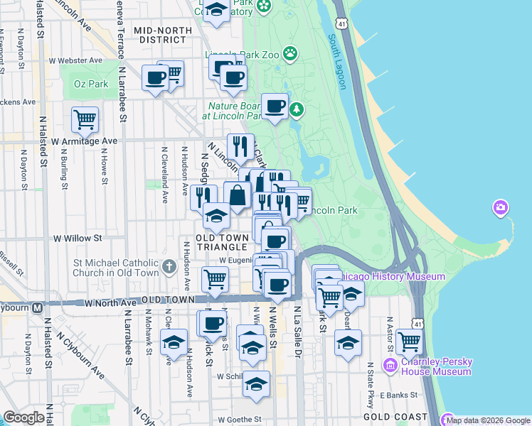 map of restaurants, bars, coffee shops, grocery stores, and more near 1749 North Wells Street in Chicago