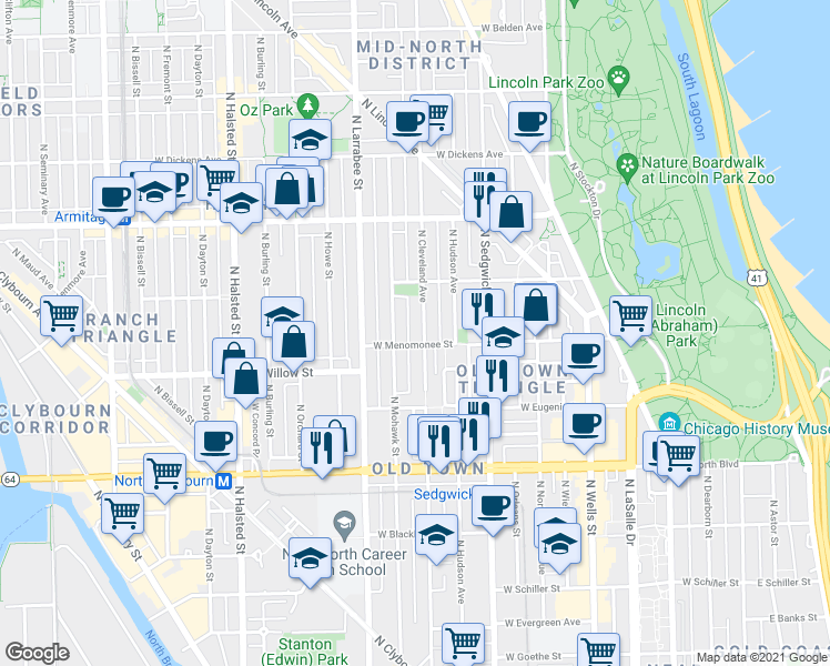 map of restaurants, bars, coffee shops, grocery stores, and more near 1757 North Mohawk Street in Chicago