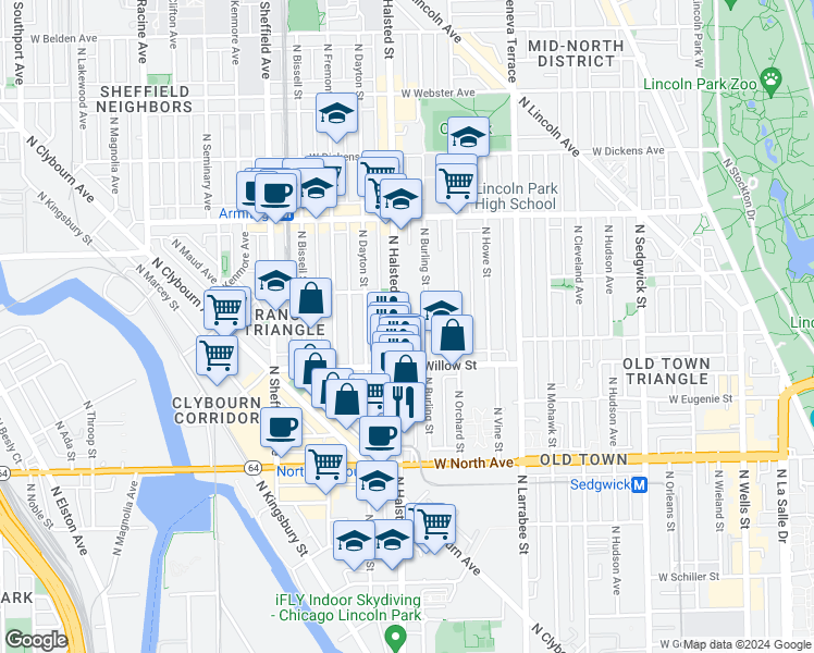 map of restaurants, bars, coffee shops, grocery stores, and more near 1823 North Halsted Street in Chicago