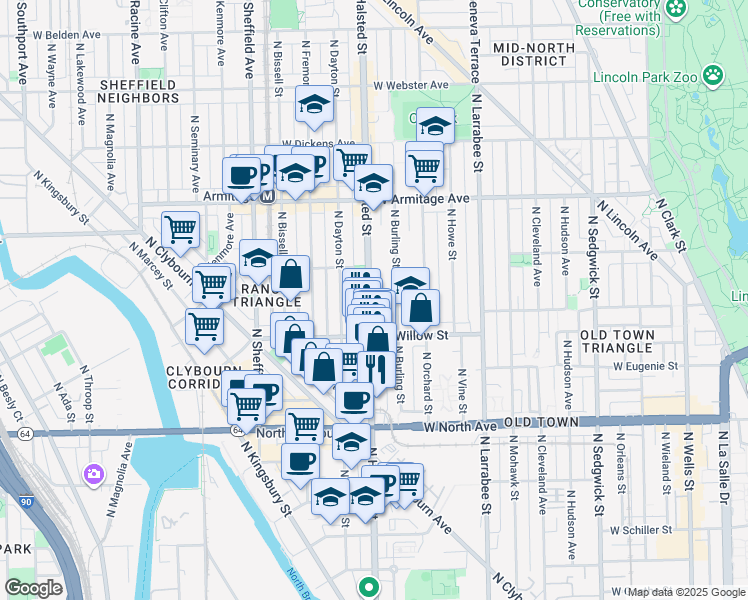map of restaurants, bars, coffee shops, grocery stores, and more near 1823 North Halsted Street in Chicago