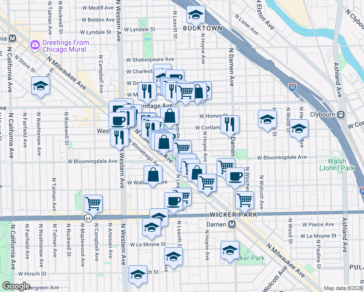 map of restaurants, bars, coffee shops, grocery stores, and more near 1800 North Wilmot Avenue in Chicago