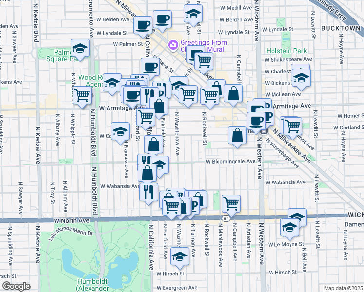 map of restaurants, bars, coffee shops, grocery stores, and more near 1819 North Washtenaw Avenue in Chicago