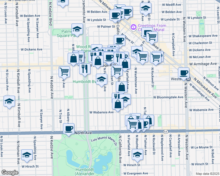 map of restaurants, bars, coffee shops, grocery stores, and more near 1819 North Francisco Avenue in Chicago