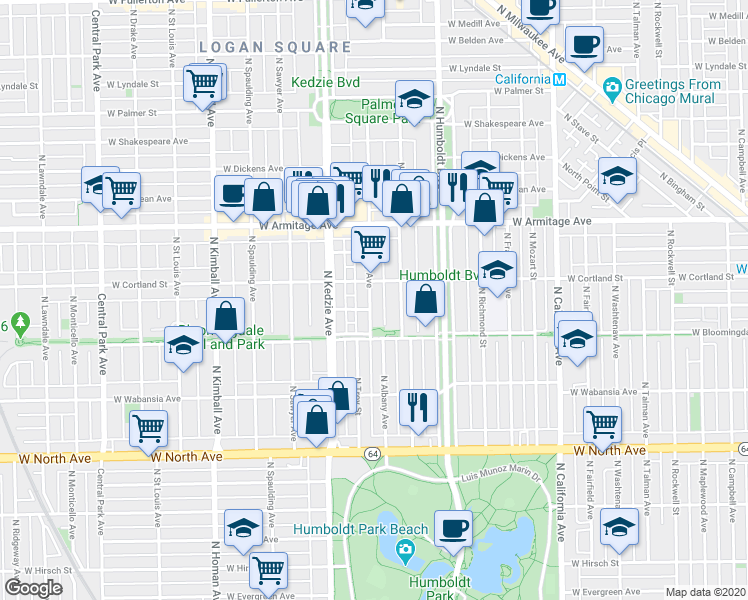 map of restaurants, bars, coffee shops, grocery stores, and more near 1827 North Albany Avenue in Chicago