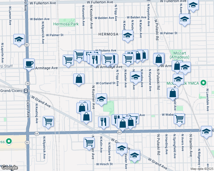 map of restaurants, bars, coffee shops, grocery stores, and more near 1831 North Kildare Avenue in Chicago