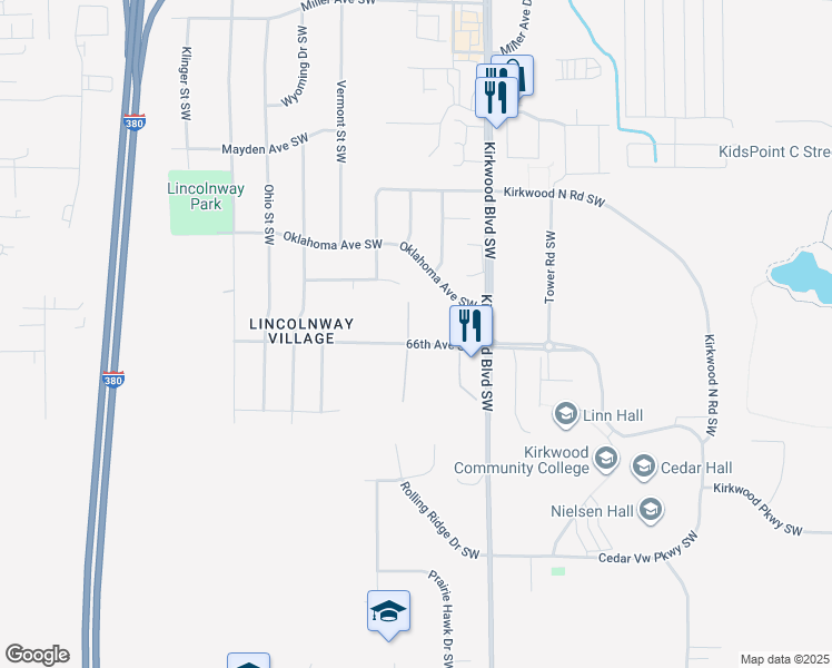 map of restaurants, bars, coffee shops, grocery stores, and more near 202 66th Avenue Southwest in Cedar Rapids