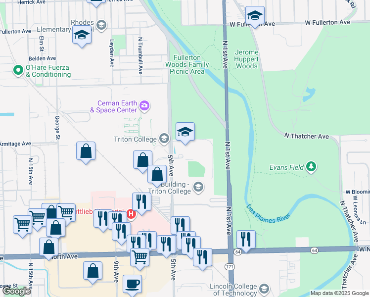 map of restaurants, bars, coffee shops, grocery stores, and more near 2000 5th Avenue in River Grove