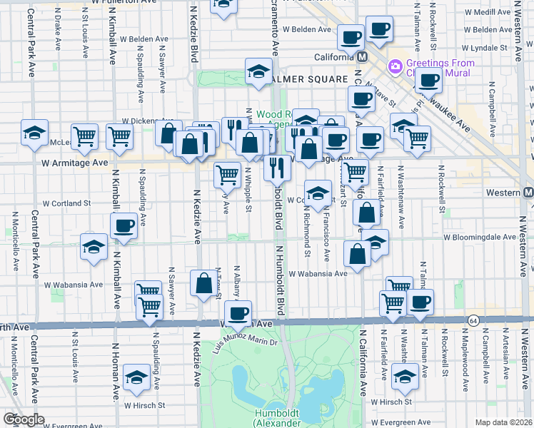 map of restaurants, bars, coffee shops, grocery stores, and more near 1842 North Humboldt Boulevard in Chicago