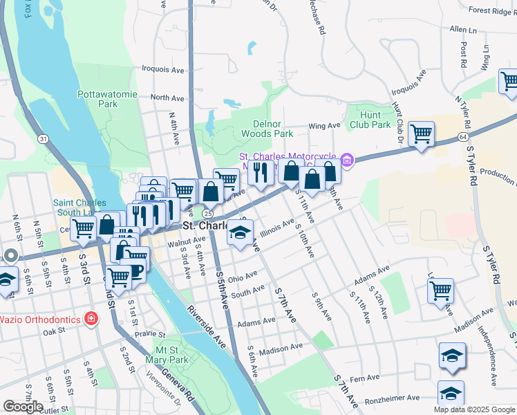 map of restaurants, bars, coffee shops, grocery stores, and more near 108 South 8th Avenue in St. Charles