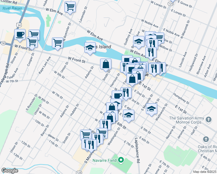 map of restaurants, bars, coffee shops, grocery stores, and more near 328 Harrison Street in Monroe