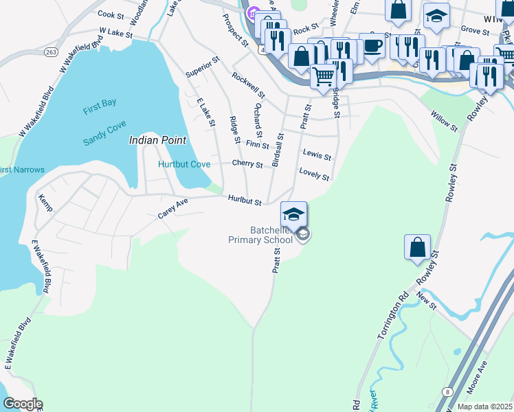 map of restaurants, bars, coffee shops, grocery stores, and more near 55 Hurlbut Street in Winchester