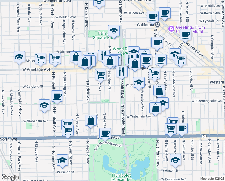 map of restaurants, bars, coffee shops, grocery stores, and more near 1821 North Whipple Street in Chicago