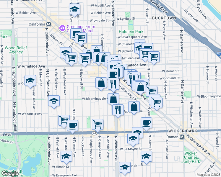 map of restaurants, bars, coffee shops, grocery stores, and more near 2414 West Moffat Street in Chicago