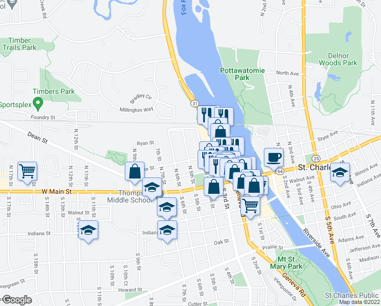 map of restaurants, bars, coffee shops, grocery stores, and more near 210 North 5th Street in St. Charles