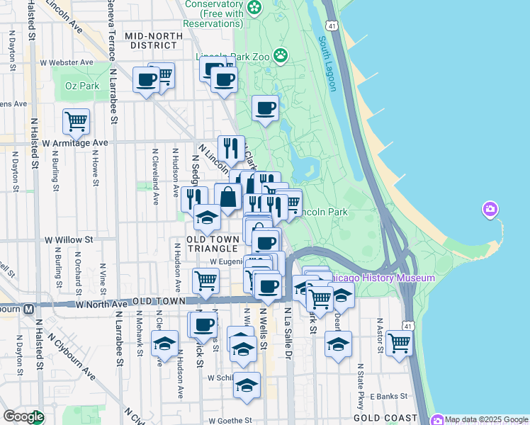 map of restaurants, bars, coffee shops, grocery stores, and more near 1749 North Wells Street in Chicago