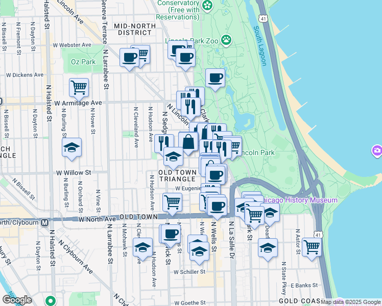 map of restaurants, bars, coffee shops, grocery stores, and more near 229 West Menomonee Street in Chicago
