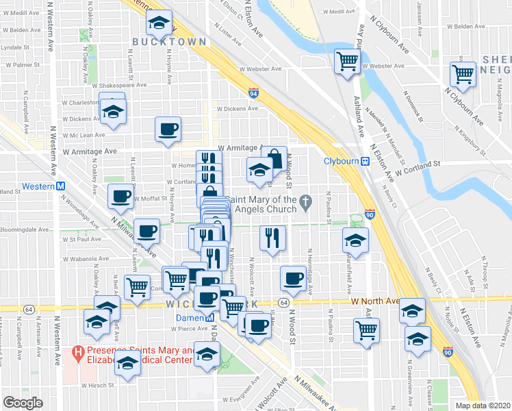 map of restaurants, bars, coffee shops, grocery stores, and more near 1809 North Wolcott Avenue in Chicago