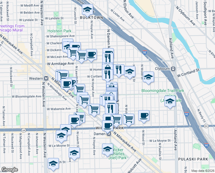 map of restaurants, bars, coffee shops, grocery stores, and more near 2007 West Churchill Street in Chicago