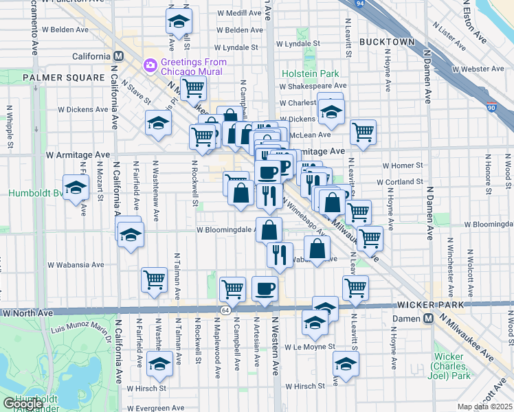 map of restaurants, bars, coffee shops, grocery stores, and more near 2431 West Moffat Street in Chicago