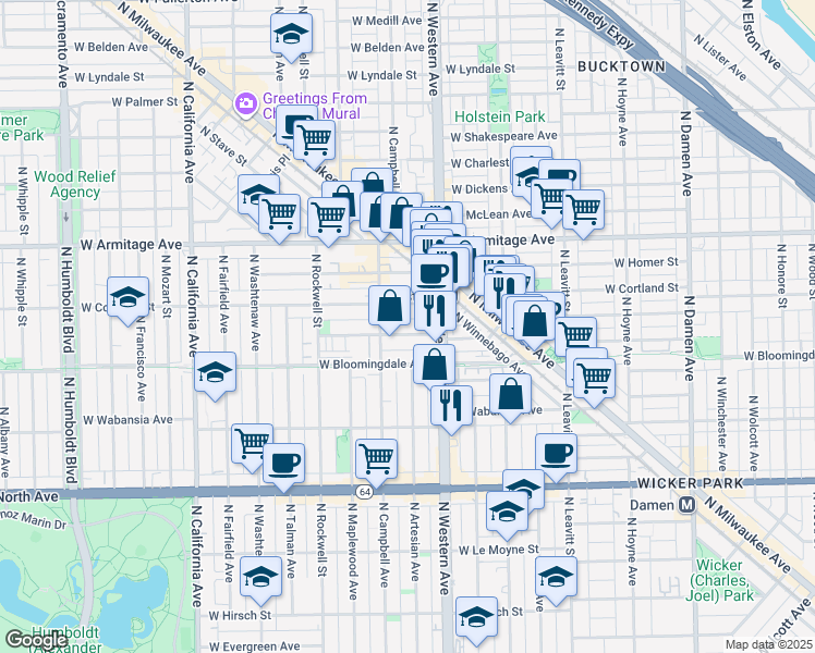 map of restaurants, bars, coffee shops, grocery stores, and more near 2431 West Moffat Street in Chicago