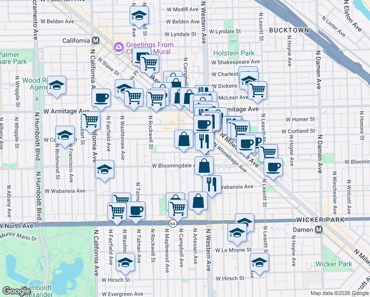 map of restaurants, bars, coffee shops, grocery stores, and more near in Chicago