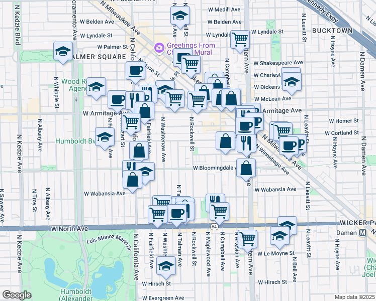 map of restaurants, bars, coffee shops, grocery stores, and more near 1819 North Talman Avenue in Chicago