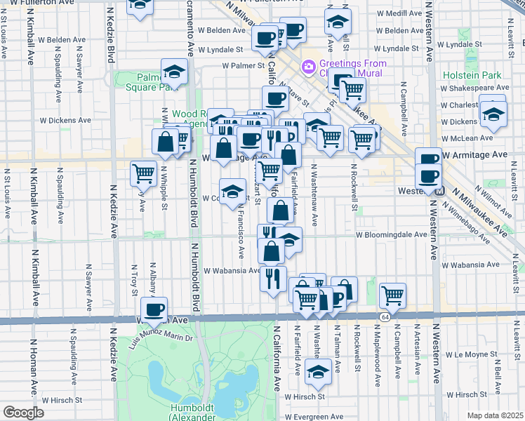 map of restaurants, bars, coffee shops, grocery stores, and more near 1818 North California Avenue in Chicago