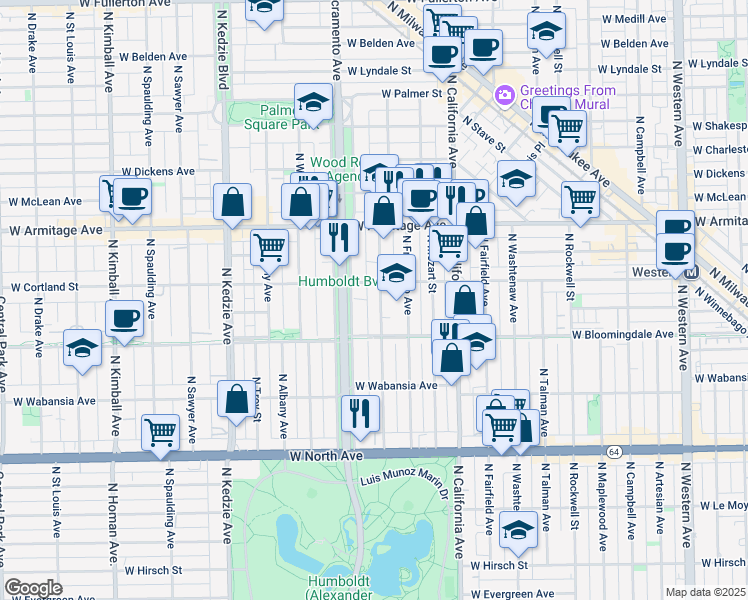 map of restaurants, bars, coffee shops, grocery stores, and more near 1816 North Richmond Street in Chicago